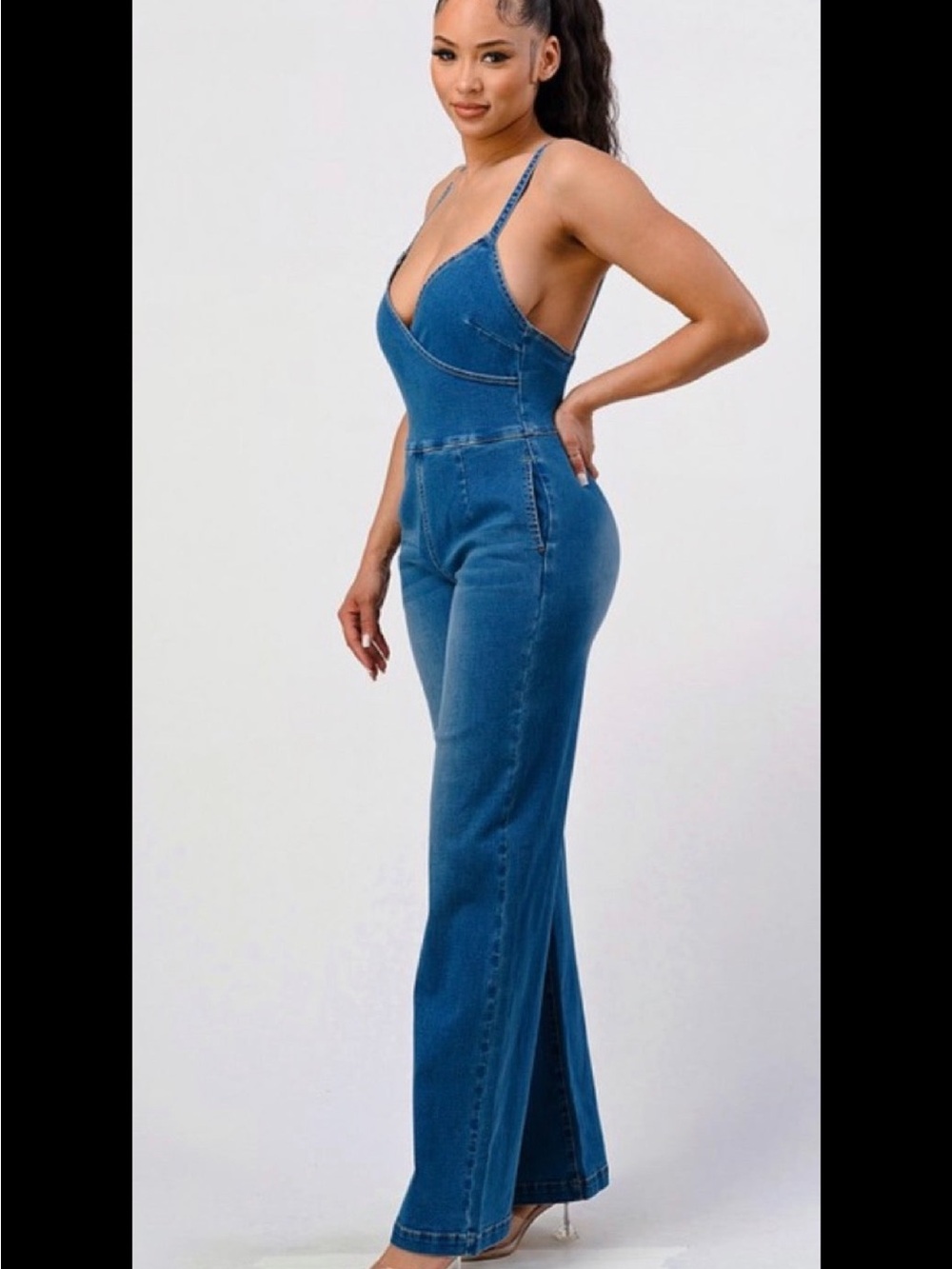 Fitted Blue Denim Spaghetti-Strap Jeans Overalls